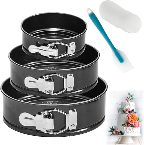 WERTIOO Springform Set, 3 Stück Springform 10cm/18cm/22cm Runden Backformen, Antihaftbeschichte Auslaufsiche Kuchenform Cake Pan Käsekuchenform mit 50 Stück Pergament Backpapier und 1 Silikonspatel