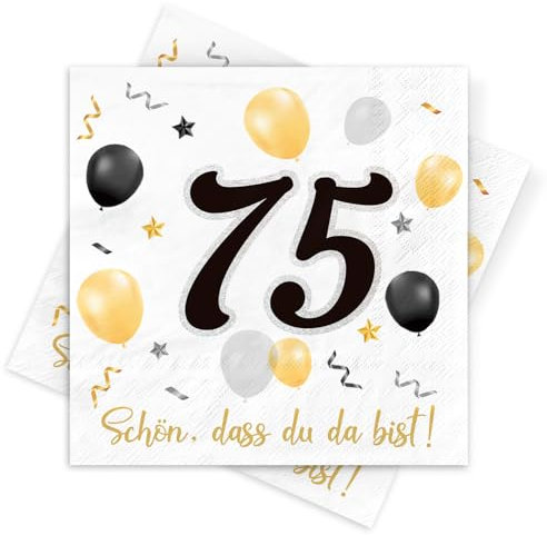 Servietten 75. Geburtstag, 30 Stück Schwarze Gold Geburtstags Servietten, Deko 75. Geburtstag Schön, dass Du da bist, 3-Lagig Papierservietten für Mann Frau Geburtstagfeier Jubiläum Tischdekoration