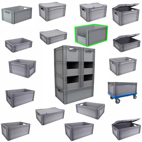 Hesselink Eurobox 60x40x32 cm, mit Entnahmeöffnung, stapelbar, 64,5 Liter, grau, lebensmittelecht, Eurobehälter kombinierbar mit Deckel
