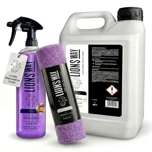 LIONSWAY Nettoyant tableau de bord – Kit intérieur auto 5 L + spray + chiffon, soin et protection, parfum floral, sans silicone, finition satinée, anti-traces de doigts.