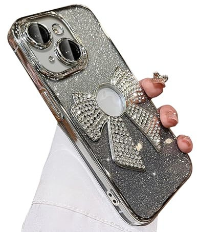 Reownest Compatible with iPhone 15 Plus Case,Cute Glitter Bowknot Design Bling Diamond Aesthetic Women Girls Protective Phone Case for iPhone 15 Plus -Gradient Silver