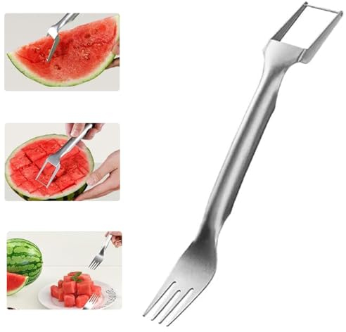 Cortador de frutas 2 en 1 de acero inoxidable, cortadora con tenedor para sandía, herramienta de corte de sandía de doble cabezal para cocina, 1 unidad