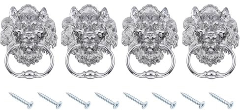 sourcing map 4 Pcs Lion Head Pulls Knob, 6 Inch Zinc Alloy Vintage Lion Door Handle Decorative Front Door Knob Ring Pull Handle for Gate Cabinets Drawers, Silver