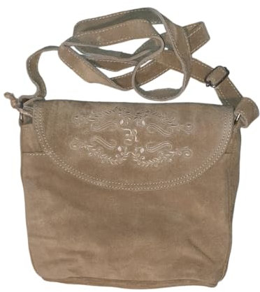 Damen Trachten Ledertasche, Umhängetasche, Schultertasche, 22cm x 18cm, Echtleder Rind Velours, Reißverschluss, Innentaschen, Rückseiten Pocket mit Reißverschluss in 5 Farben (Braun)
