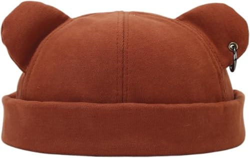 Fall Winter Beanie Hats for Women Men - Bear Ear Docker Cap with Iron Ring Decor Unisex Hip Hop Street Fashion Brimless Skull Cap Warm Thickened Worker Sailor Rolled Cuff Hat (Orange)