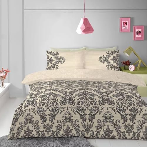 Lions Damask Bedding - Cream King Size Duvet Covers Set with Matching Pillowcase, Poly Cotton Reversible Quilt Cover Bed Sets, Easy Care, 230x220cm