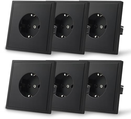 MVAVA Schuko Steckdose EU-Standard, 1 Fach Unterputz Steckdose, Einfache Installation, 80mm × 80mm Steckdosen, 3-Draht Erforderlich, Schwarz 6 Pack