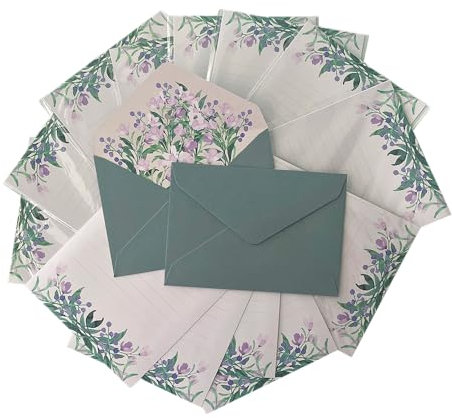 CZAKOMIX 36-Teiliges Briefpapier Set mit Umschlag - Vintage Blumen für Einladungen, Grußkarten und Urlaubswünsche in Lila Malan-Blume