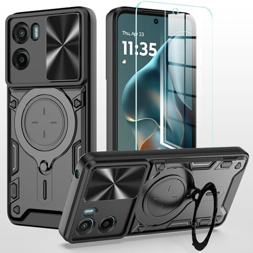 XRCS for Motorola Moto E15 / MOTO G05 Case,with Camera Lens Cover Slider 1Pack Screen Protectors Magnetic Kickstand Protective Case Heavy Duty Rugged Cell Phone Protective Cover Black