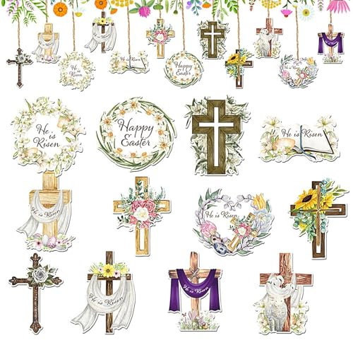 Osterbaumschmuck Christliche und religiöse Osterbaumdekorationen, Vintage-Dekoration für den Osterbaum, 24 x | Holzornamente Es ist auferstanden, Frühlingsferien Kreuzigung