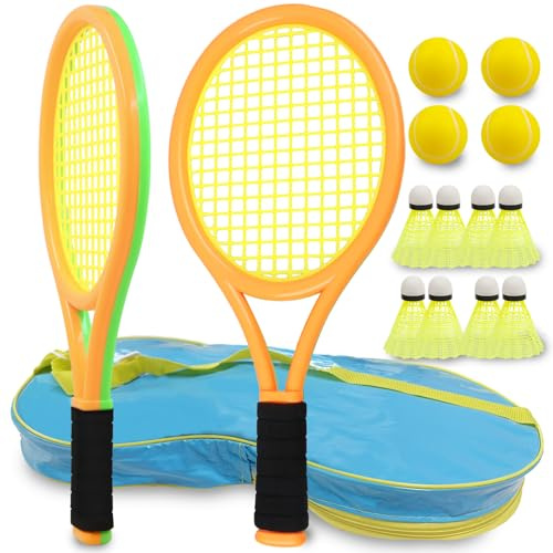 Ppbmocw Kids Tennis Rackets, Toddler Tennis Racket Set Include 8 Badmintons, 4 Soft Balls And 1 Carrying Bag, For Childrens(Orange&Green)