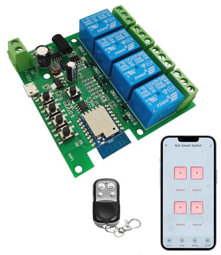 Newgoal Interruptor inteligente inalámbrico de 4 canales, interruptor de relé con autobloqueo, abridor de puerta de garaje DIY con control remoto RF 433, control de Tuya Smart Life App
