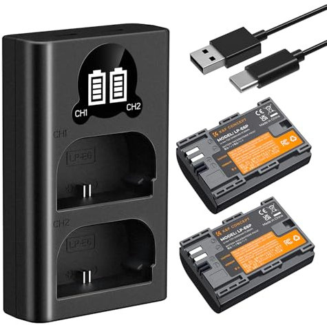 K&F Concept 2-Pack 2400mAh LP-E6P Battery and Dual Slot USB Charger Compatible with Canon EOS R7, R6, R5, R5 Mark II, R6 Mark II, R, 5D III IV, 5DS, 6D, 6D II, 7D, 80D, 90D