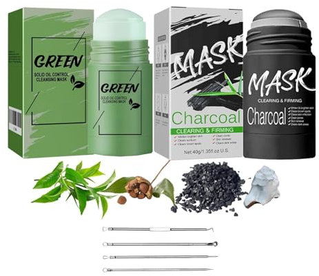 2PCS Green Tea & Charcoal Clay Mask Stick – Deep Cleansing Pores, Helps Reduce Blackheads, Balances Oil & Hydration – Natural Skincare for All Skin Types – Includes Acne Removal Tools