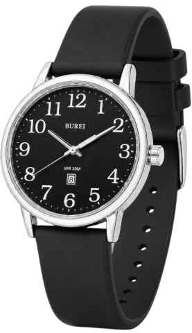 BUREI Damenuhr Schwarz Leder Armbanduhr Analog Wasserdicht Quarzuhr Damen Einfache Business Uhr für Frauen, Leuchtendes Leicht ablesbares Zifferblatt, Geschenke für Frauen
