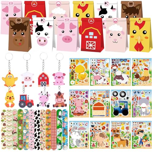 BACH AND BOUJEE 62PCS Farm Party Bag Fillers Farm Animal Hat Sticker Keychains Bracelet Keychain Gift for Birthday Party Baby Shower Goodie Bag Fillers Supplies