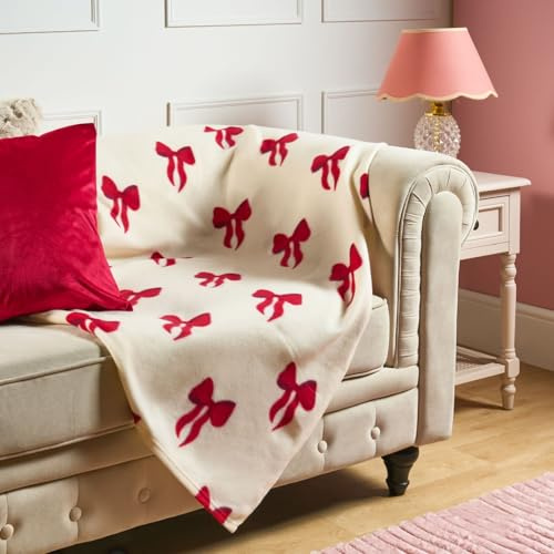 OHS Christmas Blanket Sofa Throw, Xmas Decorations Soft Warm Cosy Bow Print Polar Fleece Blanket for Bed Settee Christmas Throw Single Bed Throws Gifts for Women Girls, Cream/Red - 120 x 150cm