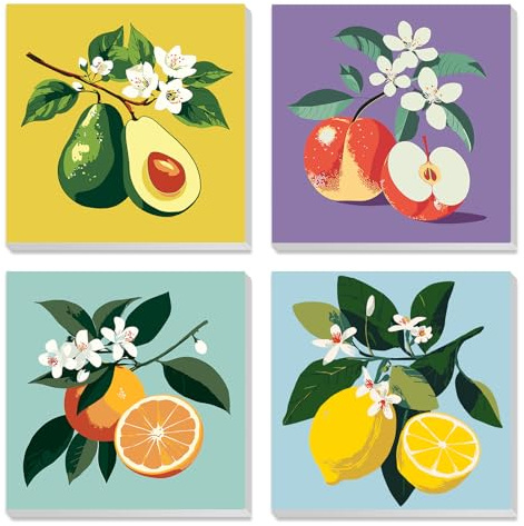 MXJSUA 4 Pack Framed Canvas Paint by Numbers for Kids Adults, Fruit Paint by Numbers Kit for Children Beginners, DIY Acrylic Painting Craft Kits for Home Wall Decor, 20x20cm