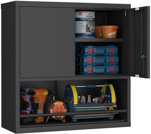 GREATMEET Metal Garage Storage Cabinets with Doors and Shelves, Lockable Storage Cabinet with Lock, Black Hanging Cabinets for Wall, Wall Mount Cabinet for Utility Room