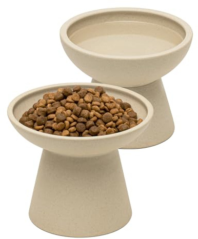 CEEFU Lot de 2 gamelles surélevées pour chat extra larges pour nourriture et eau - Fatigue moustache, large et peu profonde en céramique, sans plomb et cadmium, hauteur surélevée pour chats, argile
