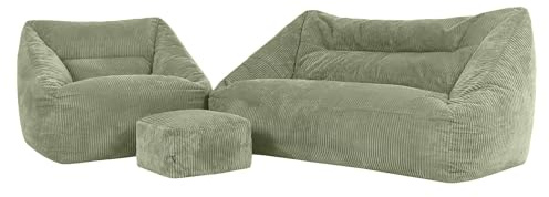 Icon Cecilia Cord Sitzsack-Sofa-Set mit Füllung, Sofa 3 Sitzer, Grün | In Deutschland Hergestellt, Boneless Sofa, Weicher Cordstoff, Riesensitzsack für Wohnzimmer und Schlafzimmer