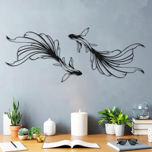 DUOOLN Koi-Fisch-Metallwandkunst, 2 Stück Modern Marine Wanddekoration, japanische Wandmalerei Eisenfisch-Geschenke, asiatische Dekorationen, Innen Außenbereiche, Badezimmer Terrasse Pool-40 x 25 cm