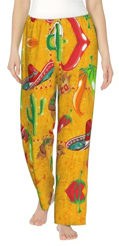SABFWF Flanell-Pyjamahose mit Kaktus-Hut und Chili-Pfeffer-Druck, weich, warm, perfekt für Weihnachten und täglichen Komfort, Schwarz , 46