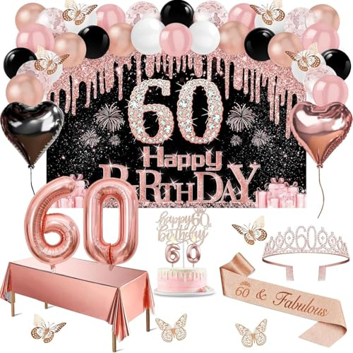 Amosking 60 Geburtstag Frauen Deko Roségold Schwarz 49pcs | Banner, Tischdecke, Schmetterlinge, Schärpe, Diadem, Tortendeko, Kerzen, Luftballonbogen, 60. Geburtstag Frauen