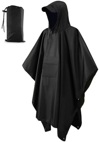 ViKKent Regenjacke Regenponcho 3 in 1, Wasserdichter Regencape mit Kapuze Taschen, Wiederverwendbar, Multifunktionaler Regencape für Picknick Jagd Camping Wandern