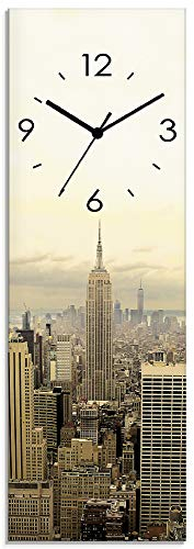 ARTLAND Wanddeko Wanduhr ohne Tickgeräusche Glas Funkuhr 20x60 cm Rechteckig Lautlos New York Skyline Städte USA Amerika Manhattan Modern T1TO