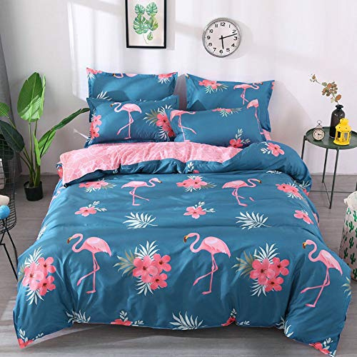 Loussiesd Kinder Betten Set Rosa Flamingo Bettwäsche Set Weiche Microfaser Reversible Blau und Rosa Blumen Flamingo Bettbezug mit 1 Kissenbezug 2 teilig 135x200 cm + 80x80 cm Jungen Mädchen