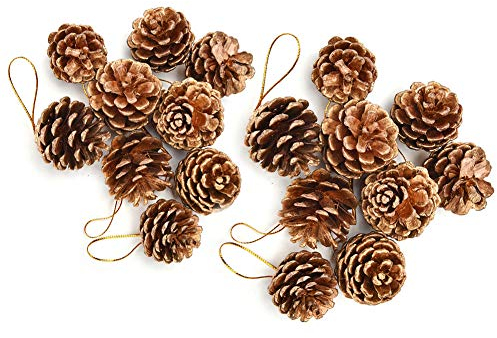 Pveath Weihnachtsschmuck Tannenzapfen,18 Stück Tannenzapfen Natürliche Ornamente mit Schnüren Party Hanging Crafts Gold/Silber Farben für Christbaumschmuck, 2 Größe Weihnachten Tannenzapfen (Gold)