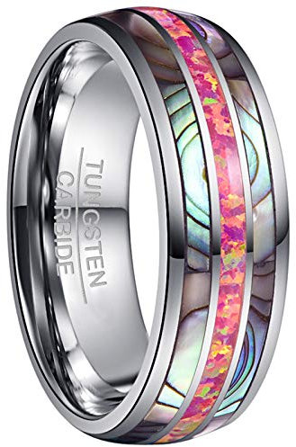 Vakki 8mm Heren/Damen Opal + Abalone Muschel Ring Wolfram Ehering Verlobungsring Freundschaftsring Polierte Oberfläche Größe 66 (21.0)