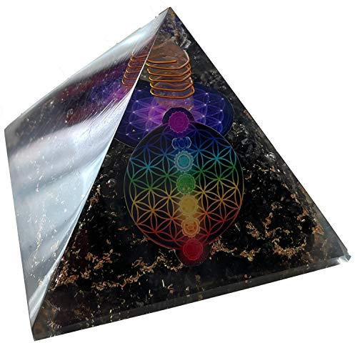 CHONIT Orgonit-Pyramide Schwarz-Lila mit Blume-des-Lebens-Motiv, Deko