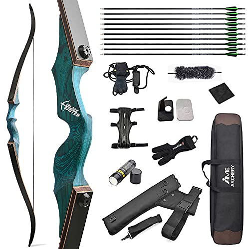 SHARROW 60 Zoll Bogenschießen Takedown Recurve Bogen und Pfeile Set Traditioneller Jagdbogen Erwachsener Holz Bogen 20-60lbs mit Carbonpfeile und Allem Zubehör (30lbs, Blau)