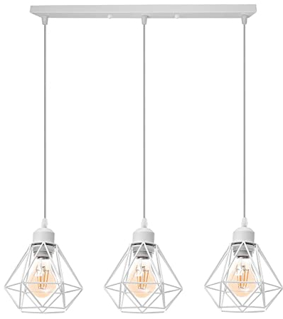 TOKIUS 3-flammig Hängelampe Retro Pendelleuchte im Industrial Design E27 Fassung Industrielle Lampe 16CM Eisen Käfig Weiß Hängeleuchte für Küche Esstisch (Pendellampe, Balken)