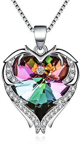 Beutirer Silber Kette Damen mit Herz Kristall, 18K Weißvergoldete Engelsflügel Halskette für Frauen, Personalisierte Schutzengel Anhänger mit 5A Zirkonias, Schmuck Geschenk für Frau Freundin (Farbe)
