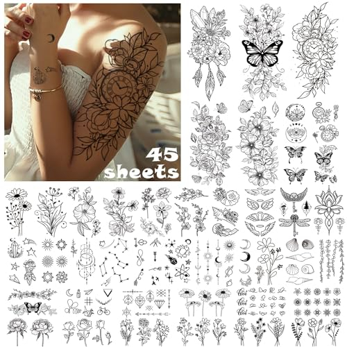 Acevegue 45 Blätter Temporäre Tattoos - 3D Wasserdicht Klebetattoos für Erwachsene, Mädchen, Frauen - Arm Tattoo Aufkleber