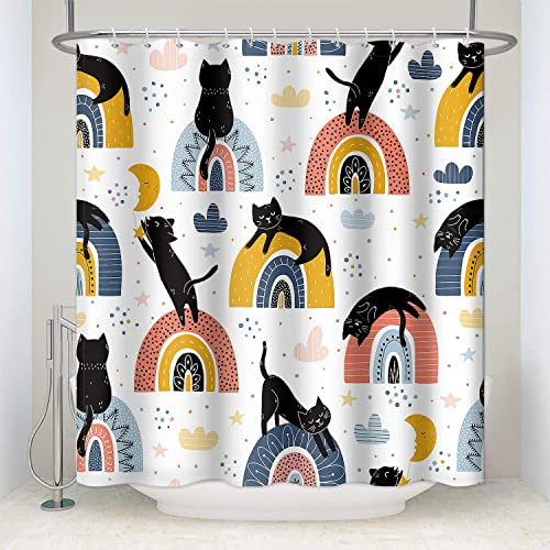 SDOTPMT 180x180cm Nette Cartoon Tier Duschvorhang Schwarze Katze Bunte Regenbogen Bad Vorhang Lustige Haustiere Thema Badewanne Vorhang für Kinder Badezimmer Dekor mit Haken