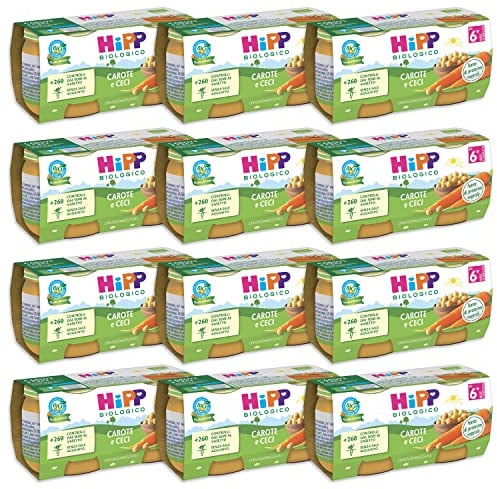 HiPP - Omogeneizzato Biologico per Neonati, Gusto Carote e Ceci, Fonte di Proteine Vegetali, 24 Vasetti da 80 gr