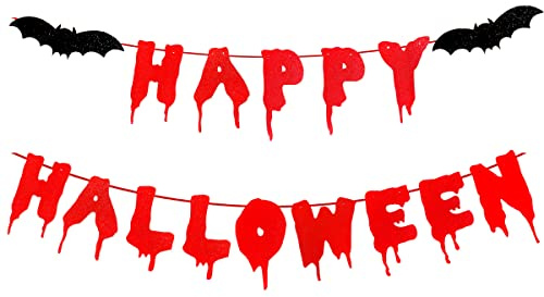 GotGala Happy Halloween Banner Rot Schwarz Glitzer Fledermaus Banner Gruseliger Horror Blutige Girlande für Halloween Zombie Vampir Spukhäuser Indoor Outdoor Party Dekorationen