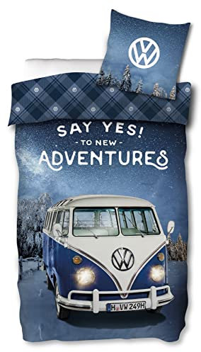 SkyBrands Biber Bettwäsche VW Bulli 135x200 cm 80x80 [Reißverschluss] VW Bus Wende-Bettwäsche-Set Volkswagen 2tlg. Bett Set 1x Bettbezug 1xKissenbezug