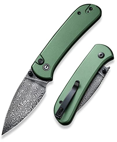 CIVIVI Knives Qubit Button Lock C22030E-DS1 Green Aluminum Damascus Steel Pocket Knife