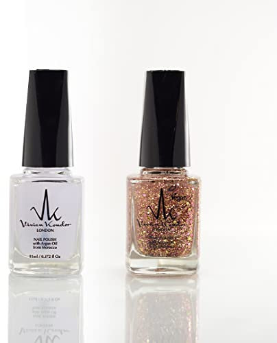 Vivien Kondor Smalto per unghie vegano per cura dell'argan (combinazione di 2) smalto lucido resistente alle scheggiature (top coat opaco, glitter oro rosa)