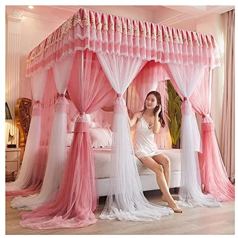 BUJOG 4 Ecken Pfosten-Himmelbett-Vorhang, Prinzessin, bestickte Spitze, Rüschen, Betthimmel, Betthimmel-Vorhang für Mädchen und Erwachsene, Doppellagiges, durchsichtiges Mesh-Moskitonetz (Farbe: B
