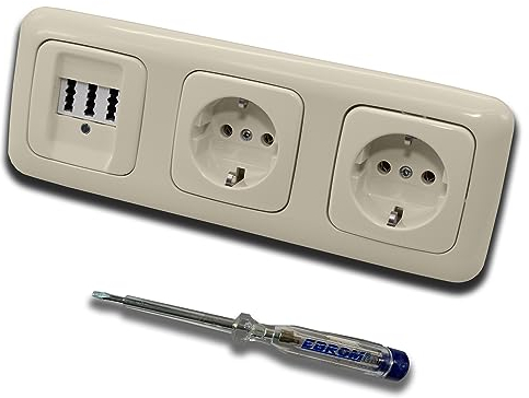 Busch Jäger Set: Unterputz Telefondose von EBROM, TAE 3x6 NFN für 1 Telefon und 2 Zusatzgeräte in DURO2000 cremeweiß, Rahmen und 2 x Steckdose 20EUC-212 inkl. EBROM Phasenprüfer zur Montage d. Geräte