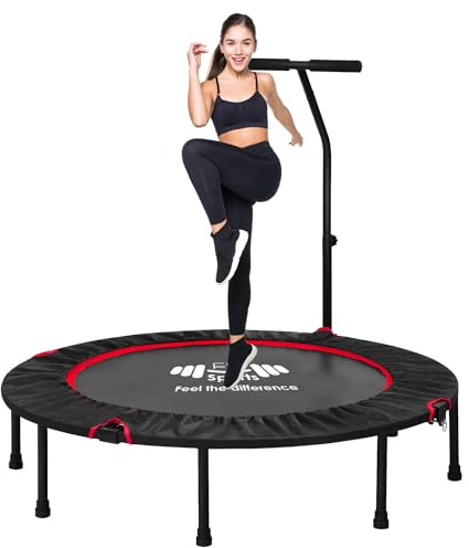 FK Sports 40/48 Foldable Fitness Mini Trampolines, Rebounder Trampoline for Adults, Indoor Trampoline with Adjustable Handle for Body Exercise Workout, Max Load-140KG (40 With T Bar Handle)