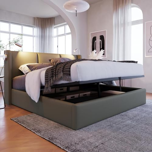 KOMHTOM Lit Double Rembourré Lit Coffre avec Lampe Cadre de Lit Plateform avec Sommier à Lattes en Bois Modernité Chambres à Coucher(sans Matelas) (Gris foncé-PU, 160x200CM)