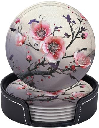 Getränkeuntersetzer, 6 Stück, Blumenmuster, gemäßigte Zone, Pflanzenuntersetzer für Couchtisch, saugfähige Leder-Untersetzer für Getränke, mit Halter, Tassen-Untersetzer, Set, Dekoration für Bar