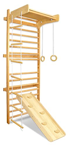 JOIEYOU Sprossenwand Kinderzimmer, Klettergerüst Indoor inkl. Klimmzugstange Ringe Trapez Schrägbrett Strickleiter, Klimmzugstange Reckstange Turngeräte aus Birke bis 100 kg – 76x58x215 cm
